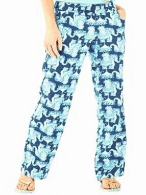 Lilly Pulitzer Florita Linen Pant Deep Indigo Joy Ride Elephant Size L